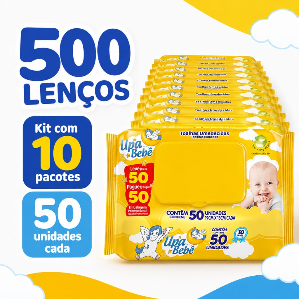 Kit 500 Lenços Umedecidos Upa Bebê Suave 10 Pacotes com 50 Unidades Cada
