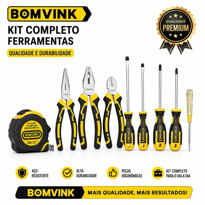 Kit Completo de Ferramentas – Trena 7,5m  Alicate Chave de Fenda Philips chave Teste Bomvink Profissional