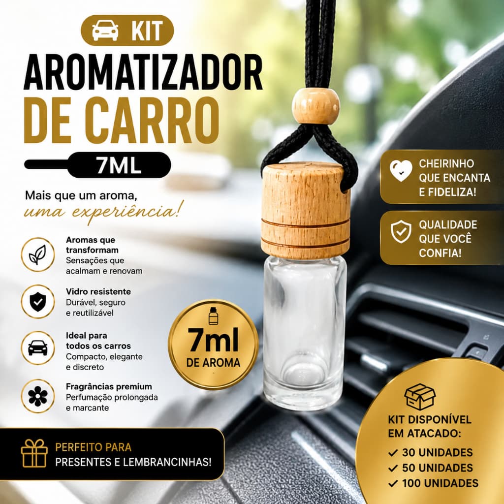 Kit Aromatizador de Carro 7ml Vidro com Tampa de Madeira Atacado 30 50 ou 100 Unidades