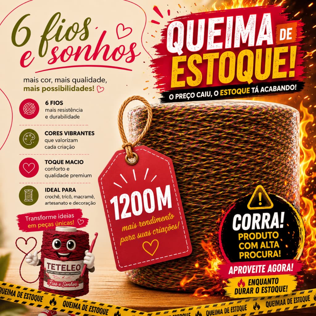 Barbante TeteLeo Queima De Estoque Nº 6 1200 Metros – Fio Premium para Crochê |  Extra Macio, Sem Poeira e Não Desbota