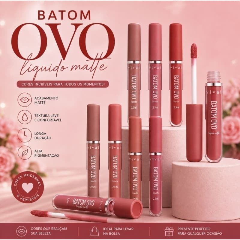 Batom Líquido Matte Vivai OVO 2,5ml Alta Pigmentação Longa Duração Kit 3 Batons Cores Variadas Nude Rosa Vermelho