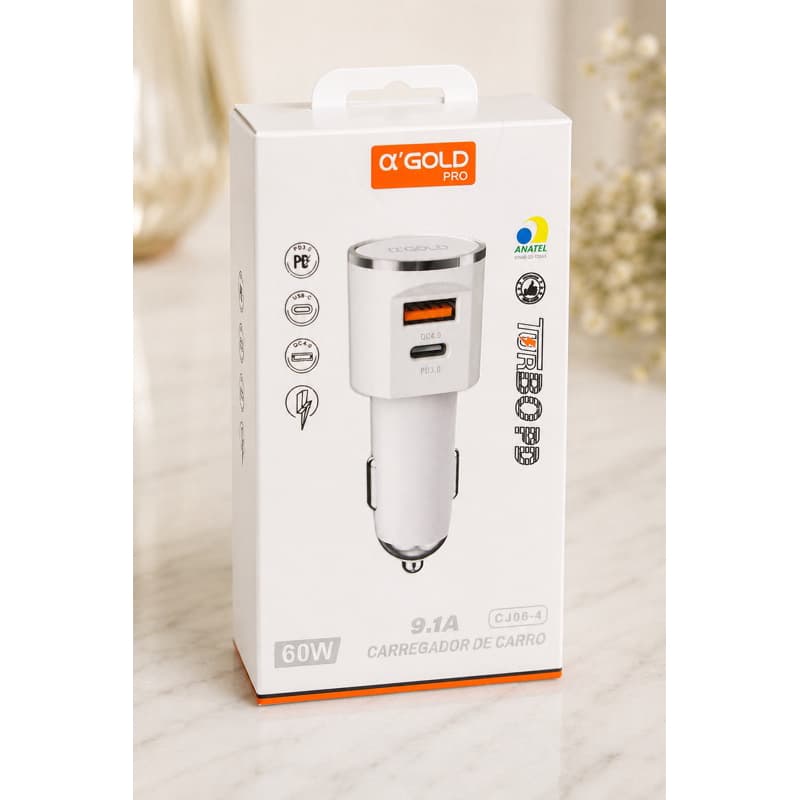 Carregador Veicular Turbo 60W USB + USB-C α’GOLD PRO