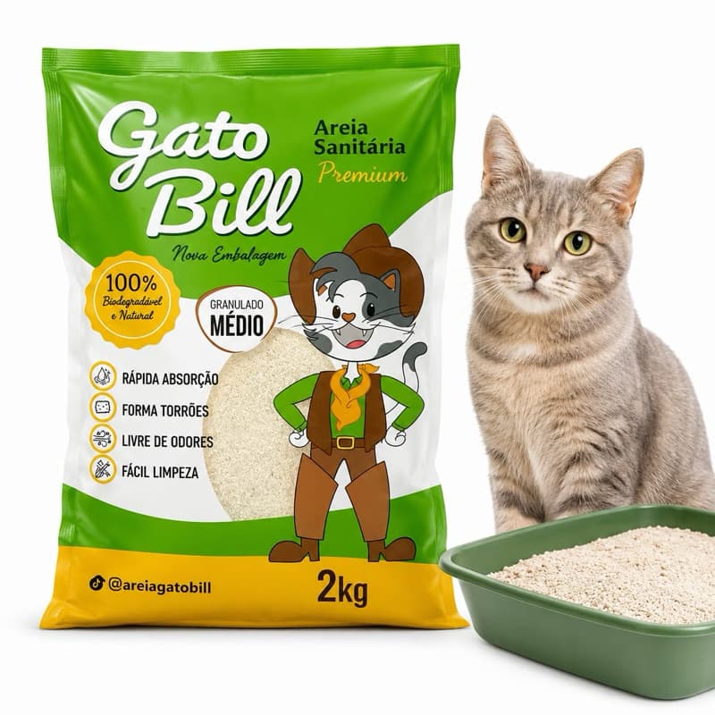 Areia para gatos sanitária 100% Biodegradável Médio Gato Bill 2kg