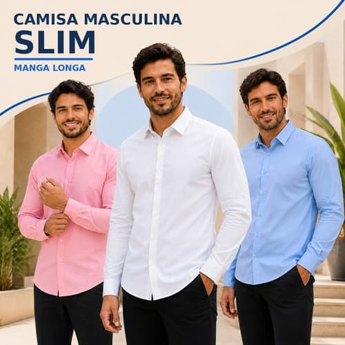 Camisa Social Masculina Manga Longa Slim Fit Lisa de Botão para Trabalho, Festa, Eventos e Uso Casual