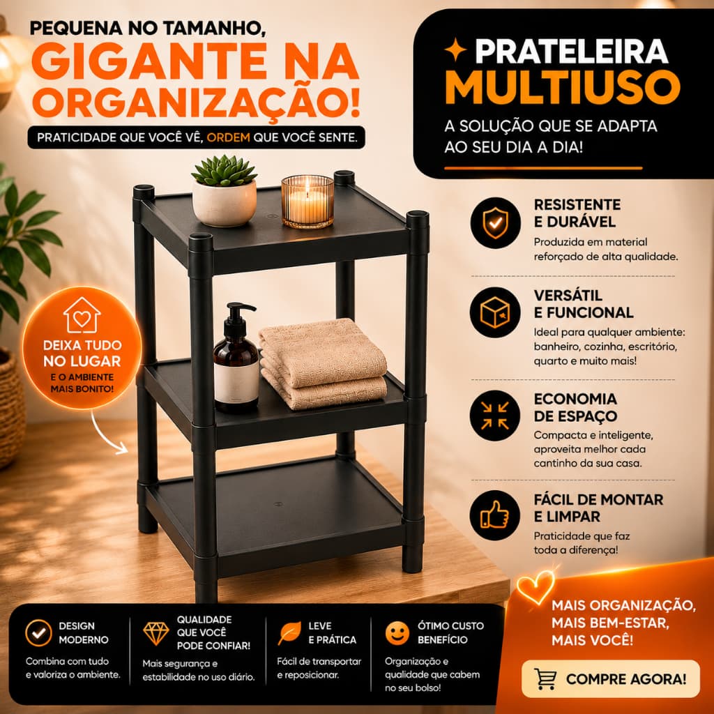 Estante Organizadora Multiuso 3 Andares Preta Prateleira Sapateira Banheiro Cozinha Quarto Lavanderia Casa Escritório