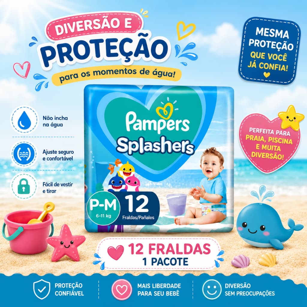 Fraldas Descartáveis Pampers Splashers para Água - Proteção contra Vazamentos e Ajuste Elástico