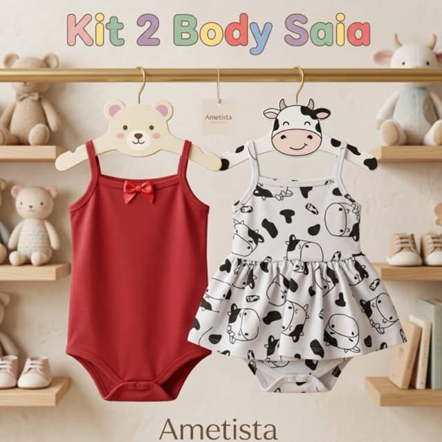Kit 2 Body de Alcinha Bebê Menina Verão 100% Algodão, Kit Body Bebe Menina Liso + Estampado com Saia