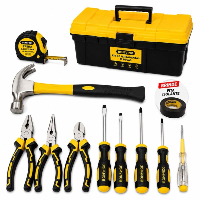 Kit Ferramentas Completo 12 Peças Alicate Martelo Chaves Fenda Phillips
