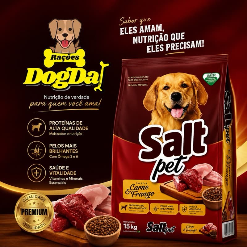 Ração Salt Pet Sabor Carne & Frango 15kg Sem Corantes com Ômega 3 e 6