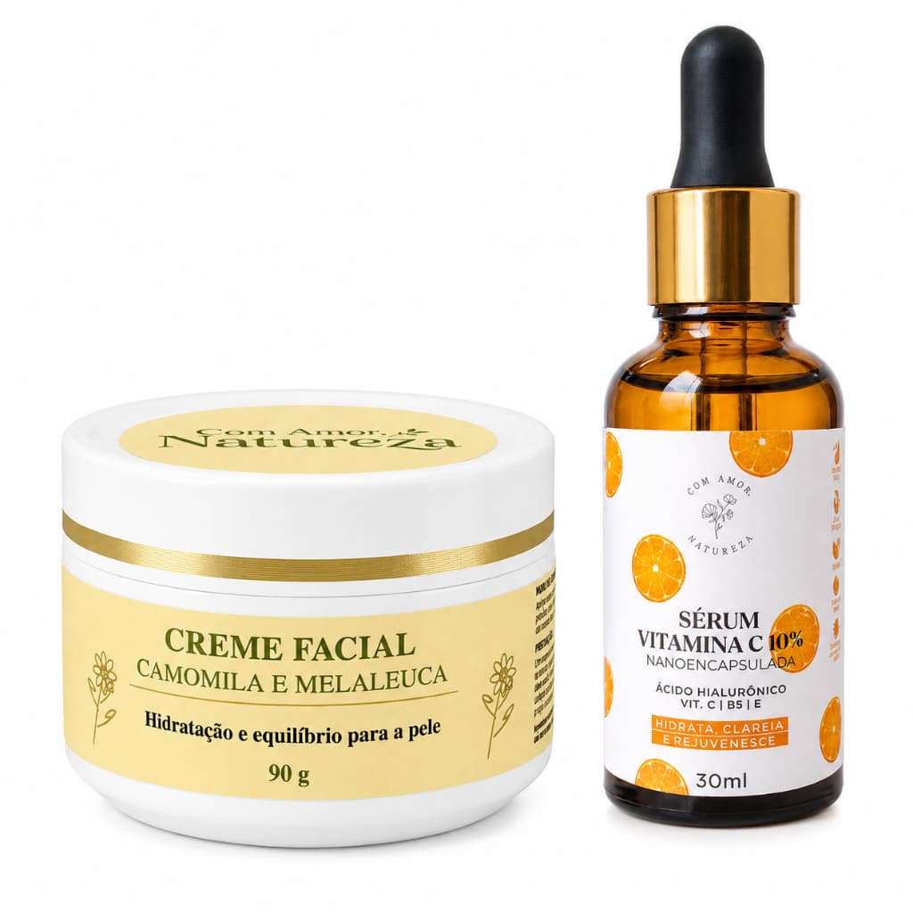 Kit Vitamina C + Creme Facial Hidratante Vegano – Clareador, Anti-idade, Ácido Hialurônico