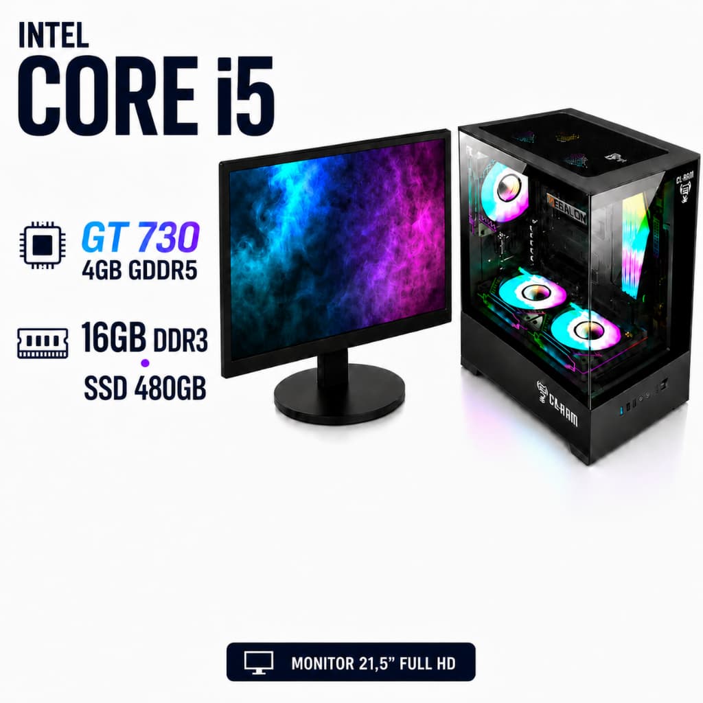 CPU Gamer Intel Core i5 2ª ou 3ª Geração 16GB DDR3 SSD 480GB GT 730 4GB GDDR5 Monitor 21,5 Full HD
