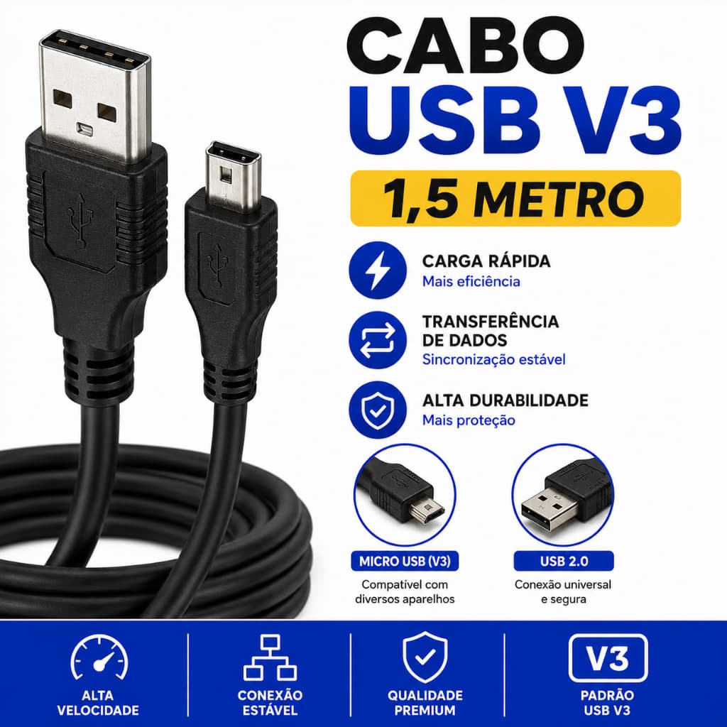 Cabo V3 1,5m USB Micro USB Carregador para Celular Tablet Caixa de Som e Dispositivos Android