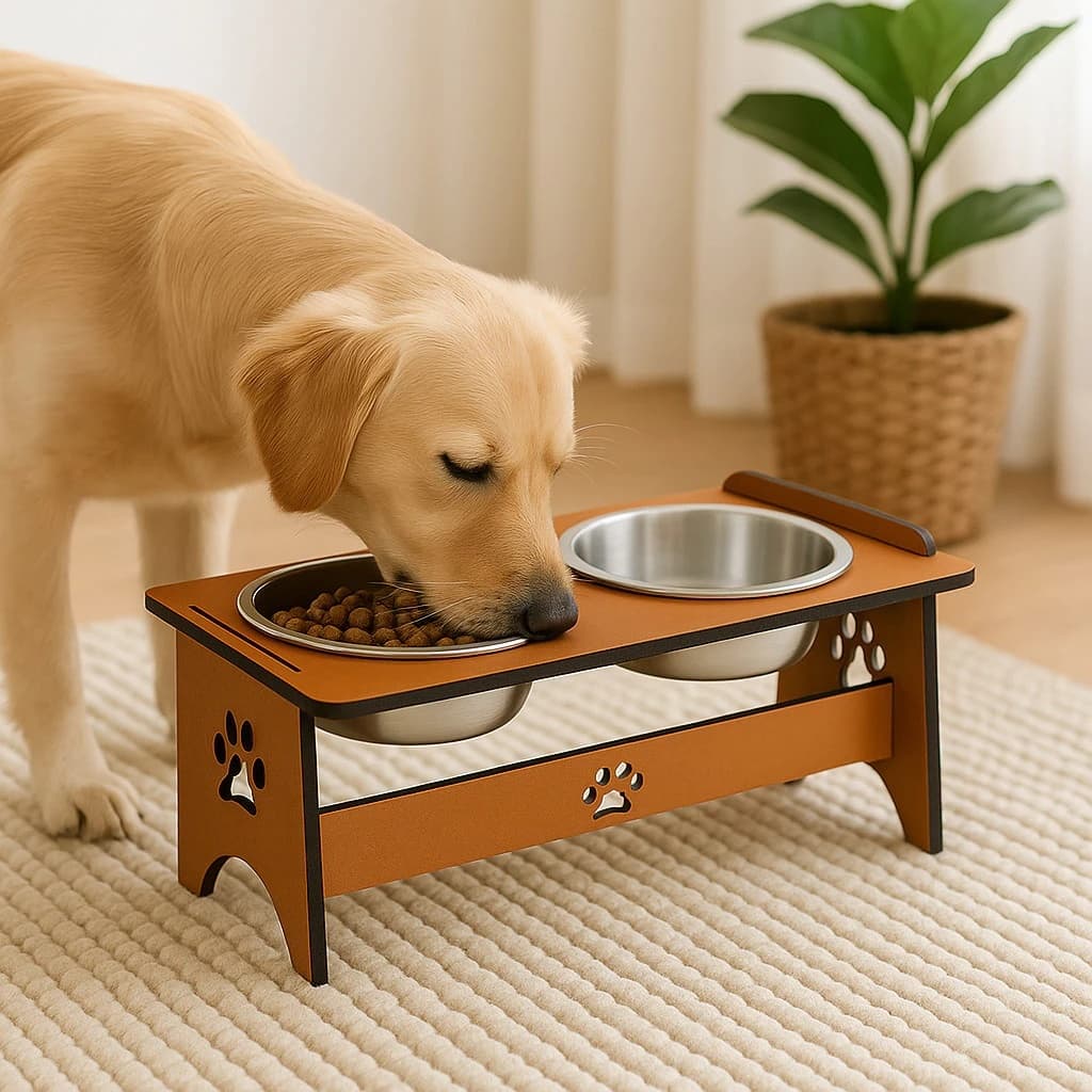 Comedouro Elevado Premium Cachorro Gato MDF Duplo Tigelas Ração Água Pintura Repelente a Água