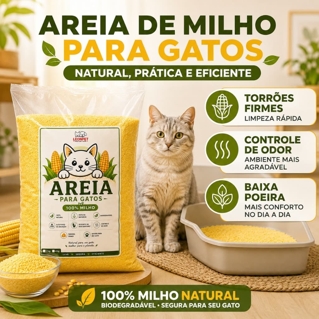 Areia Sanitária de Milho para Gatos Aglomerante Sem Poeira Biodegradável Pode Descartar no Vaso LeonPet 2kg 4kg