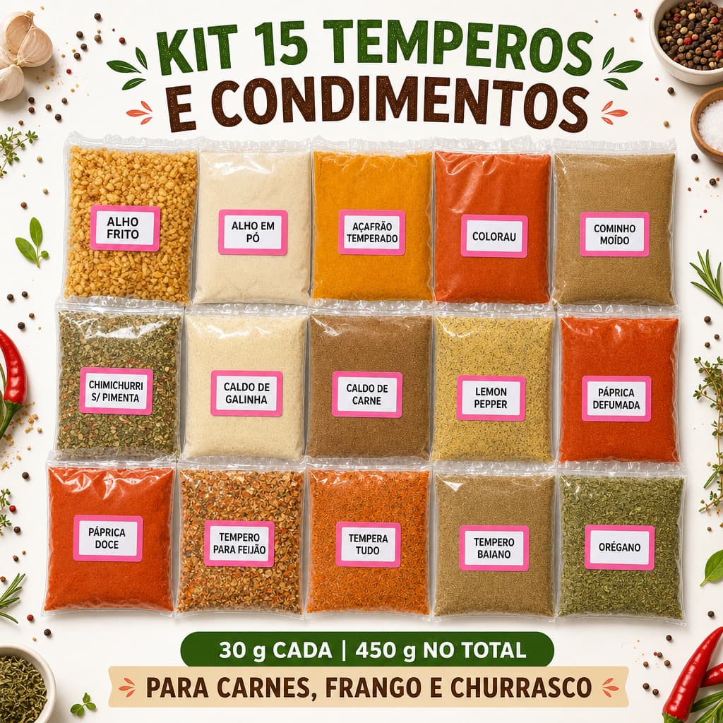 Kit 15 Temperos e Condimentos 30g Cada 450g para Cozinha  Carnes Frango  Churrasco Feijão