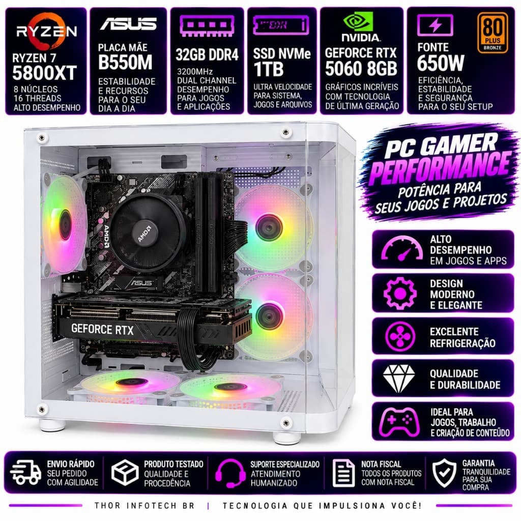 Pc Gamer Aquario Ryzen 7 5800XT, Placa mãe B550M Asus, 32gb DDR4 3200Mhz, SSD Nvme 1tb, Fonte 80 Plus 650w e RTX 5060 8G
