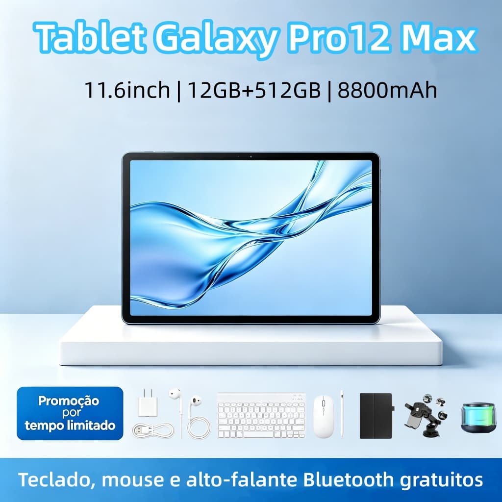 Tablet Pro 12 Max 11,6 polegadas, 12GB + 512 GB, Android 15, dois chips, teclado e mouse gratuitos