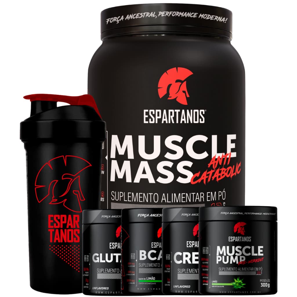 Kit Muscle Mass 1,8kg + BCAA + Creatina + Glutamina + Pré Treino + Coqueteleira - Espartanos