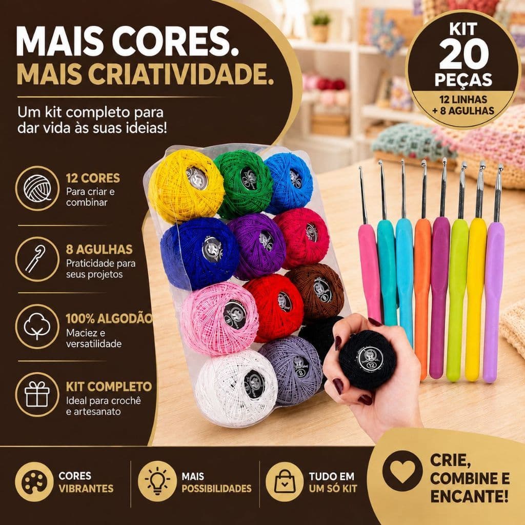 Kit Crochê Completo 12 Linhas Coloridas 100% Algodão + 8 Agulhas Ergonômicas Amigurumi Iniciante -BN