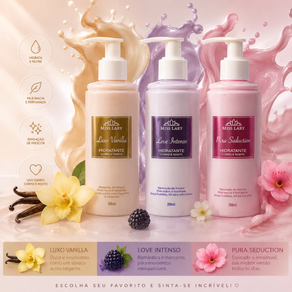 Hidratante Corporal Miss Lary 200ml Pele Macia Hidratada Perfumada 3 Fragrâncias Hidratante Corporal Feminino promoçao