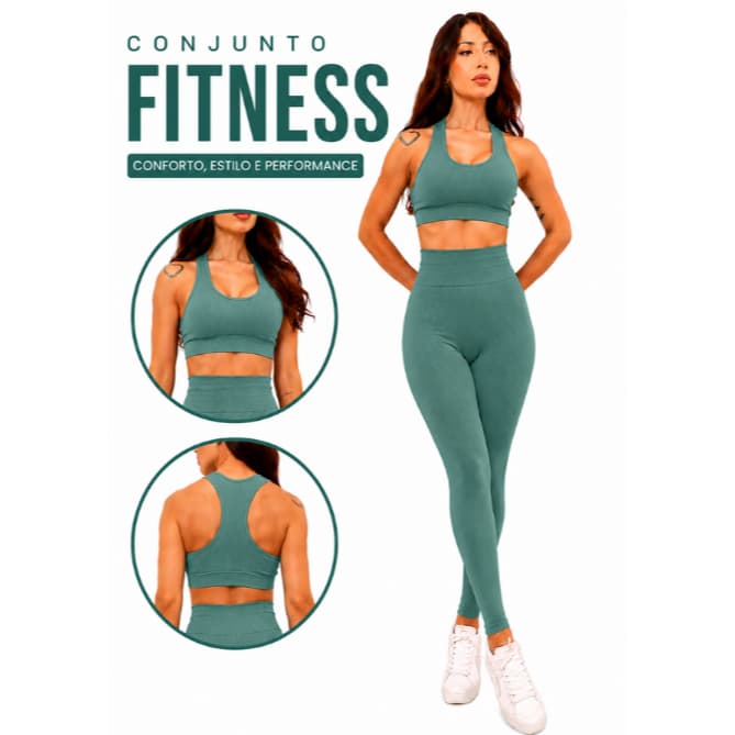 Conjunto Academia Feminino Poliamida Fitness Top Calça Canelado Legging Cintura Alta Zero Transparência Roupas Fitness