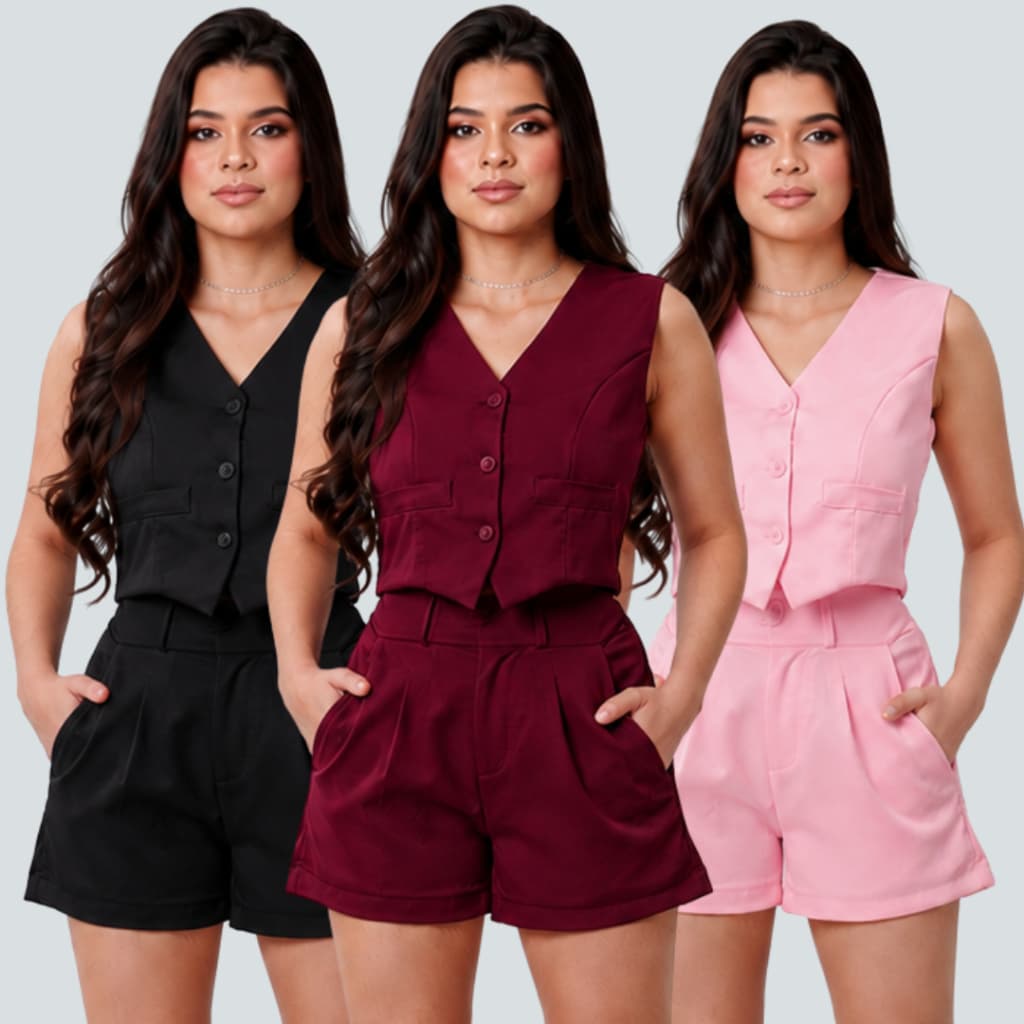 Conjunto Colete e Short Alfaiataria Feminino Elegante Moda Tendência