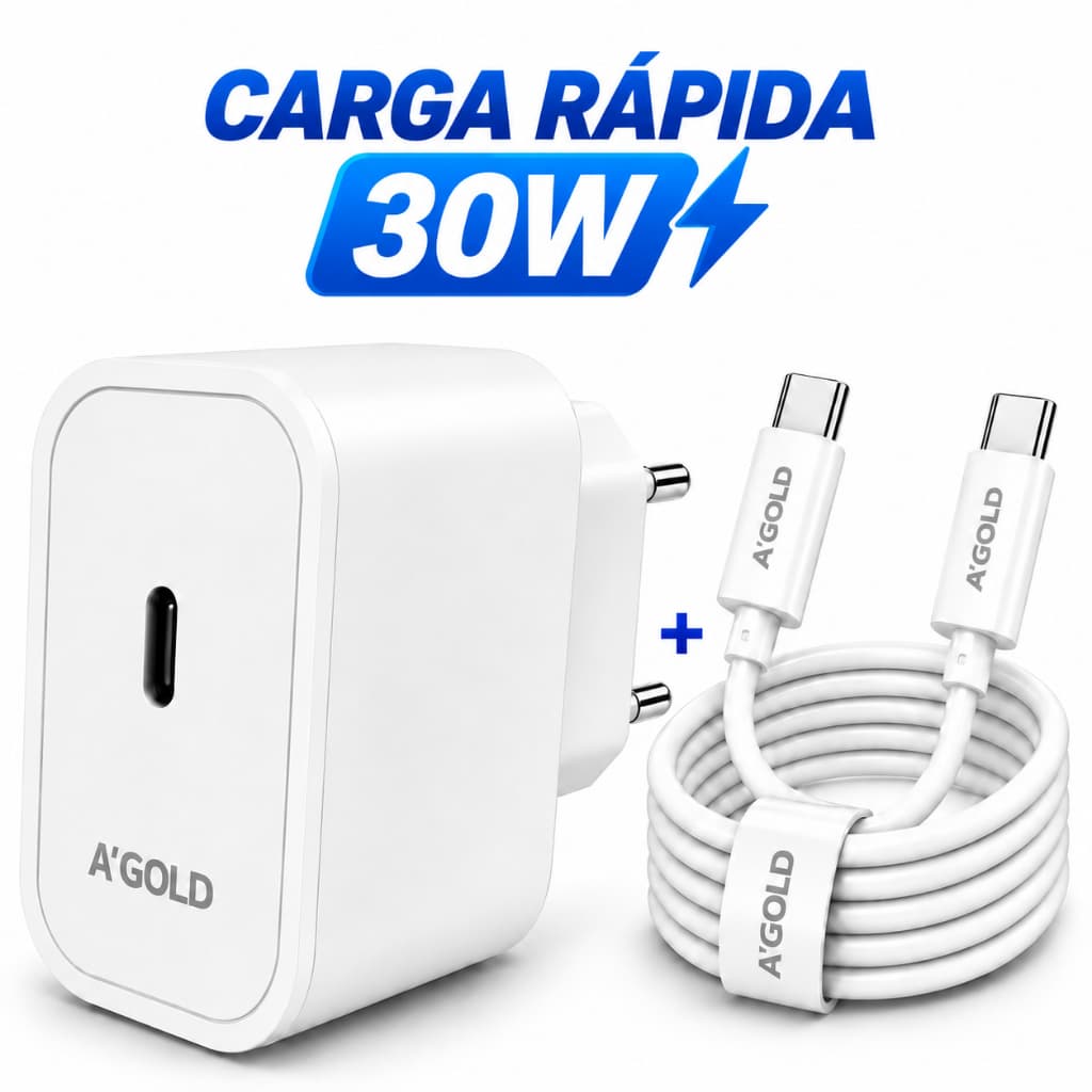 Carregador iPhone Tipo-C Tipo-C 15 16 17 Pro Max Carga Rápida Turbo 30W Completo + Cabo Compatível Com Android Tablets