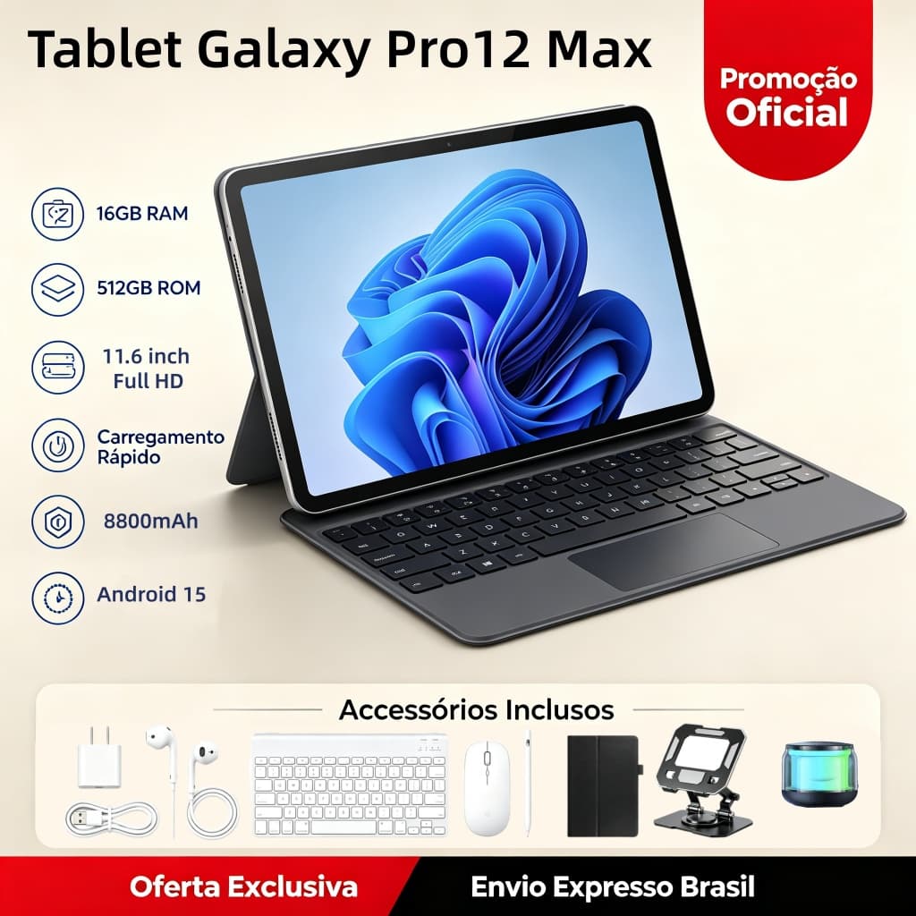【Teclado e mouse grátis】Tablet  Pro12 Max 11,6 polegadas, 16 GB + 512 GB, bateria de 8.800 mAh, 5G e Wi-Fi
