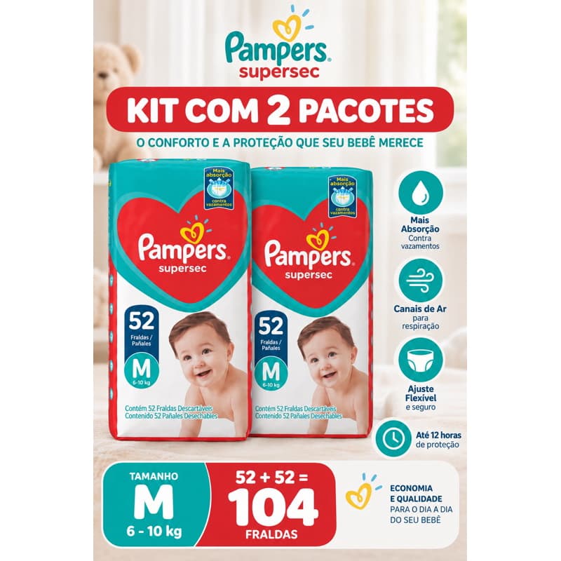 Kit 2 Pacotes Fralda Pampers Supersec M 104 Fraldas 6 a 10kg