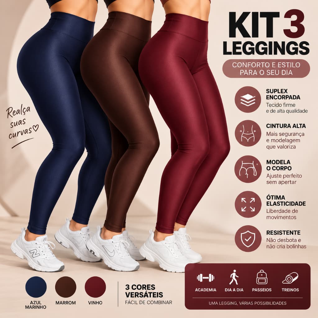 Kit 3 Calças Leggings Cintura Alta Suplex Academia Fitness