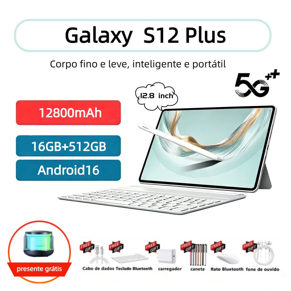 [Mouse e teclado grátis + capa protetora]Tablet  S12 Plus 16GB+512GB comprimido 12.8inch Tela Grande Android Dual 5G