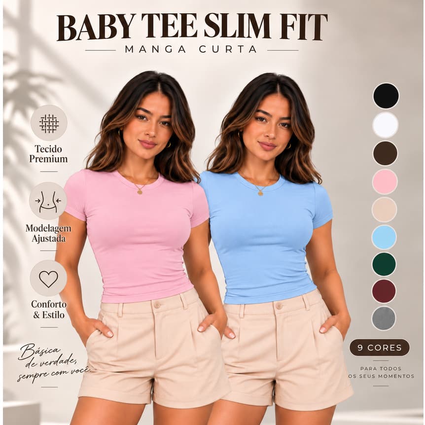 KIT 2 Blusinha Feminina Baby Tee Slim Fit Justa Manga Curta Compressão Moda Casual