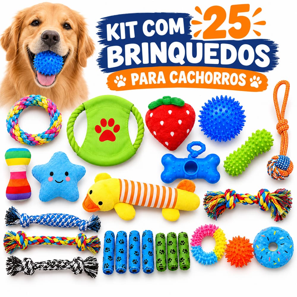 Kit 9/25 Brinquedos para Cachorro Mordedor Pet, Brinquedo Interativo com Corda e Apito, Resistente, Anti-stress, Limpeza