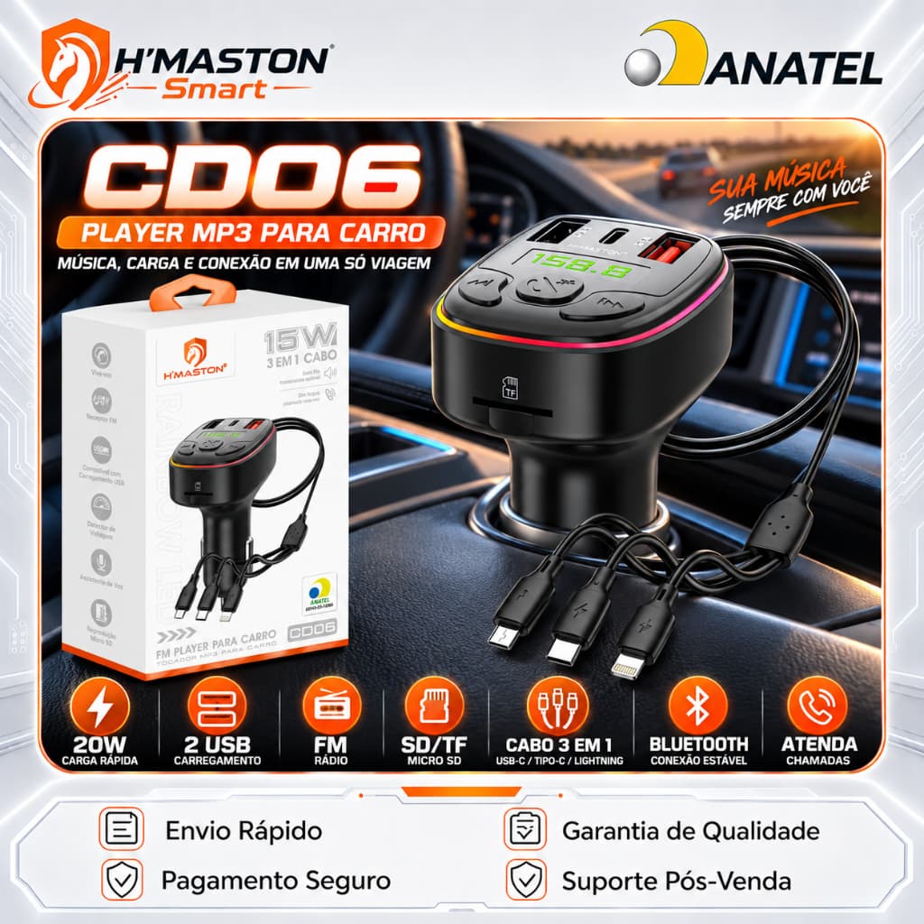 H'Maston CD06 Carregador Veicular Turbo 20W Carregador Veicular 3 Em1 Adaptador Bluetooth Carro Transmissor Fm Bluetooth