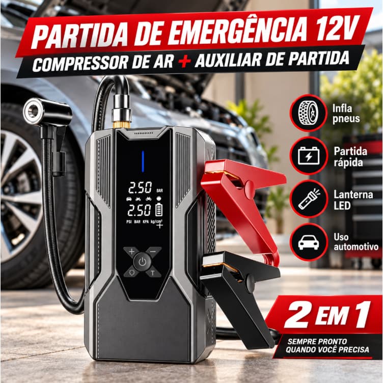Auxiliar de Partida Automotivo 4 em 1 Compressor de Ar Portátil 12V Power Bank Carregador de Bateria Veicular com Lanter