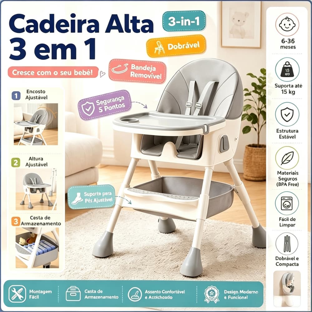 Cadeira De Alimentação Portátil Bebê Multifuncional Com Mesa Trava Segurança + Ajuste Altura 2 Níveis Almofada