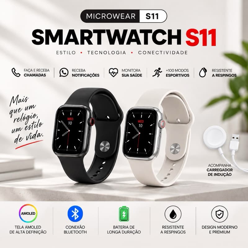 Smartwatch Microwear S11 Relógio Inteligente WhatsApp Tela Amoled
