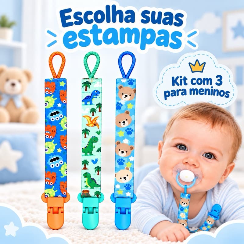Kit 3 Prendedor de Chupeta com Clip Bebê MENINO | Escolha Suas Estampas | Tecido Pano Lavável