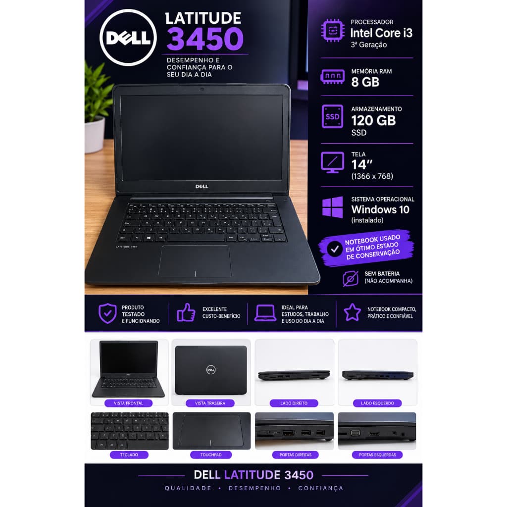 notebook DELL 3450 core i3 8gb de ram ssd 120gb