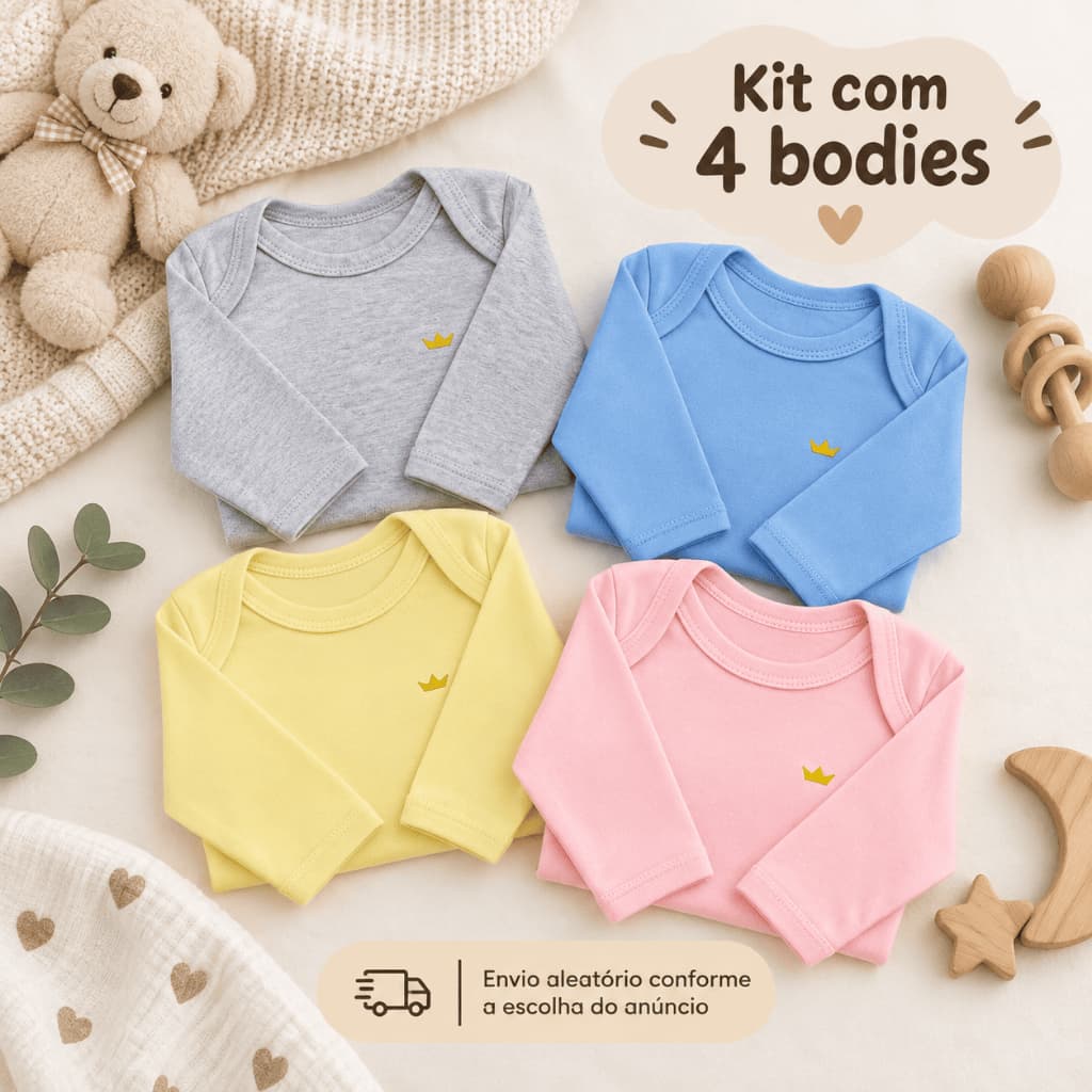 Kit Roupa Bebê 4 Peças Body Manga Longa Mijão Calça Suedine 100% Algodão Enxoval Menino Menina