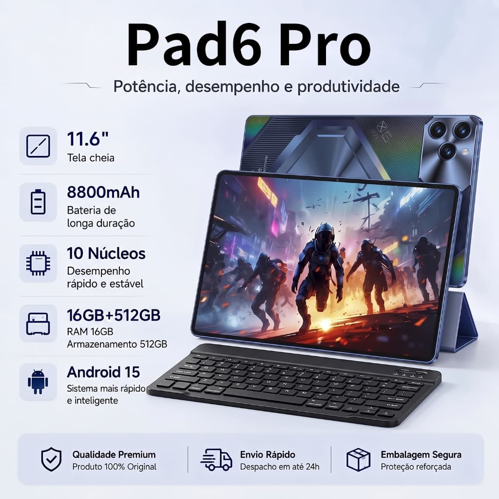 Tablet Tela 11.6  2960×1848 Câmera 24MP+48MP 16GB RAM 512GB ROM Android 15 Wi-Fi Bluetooth