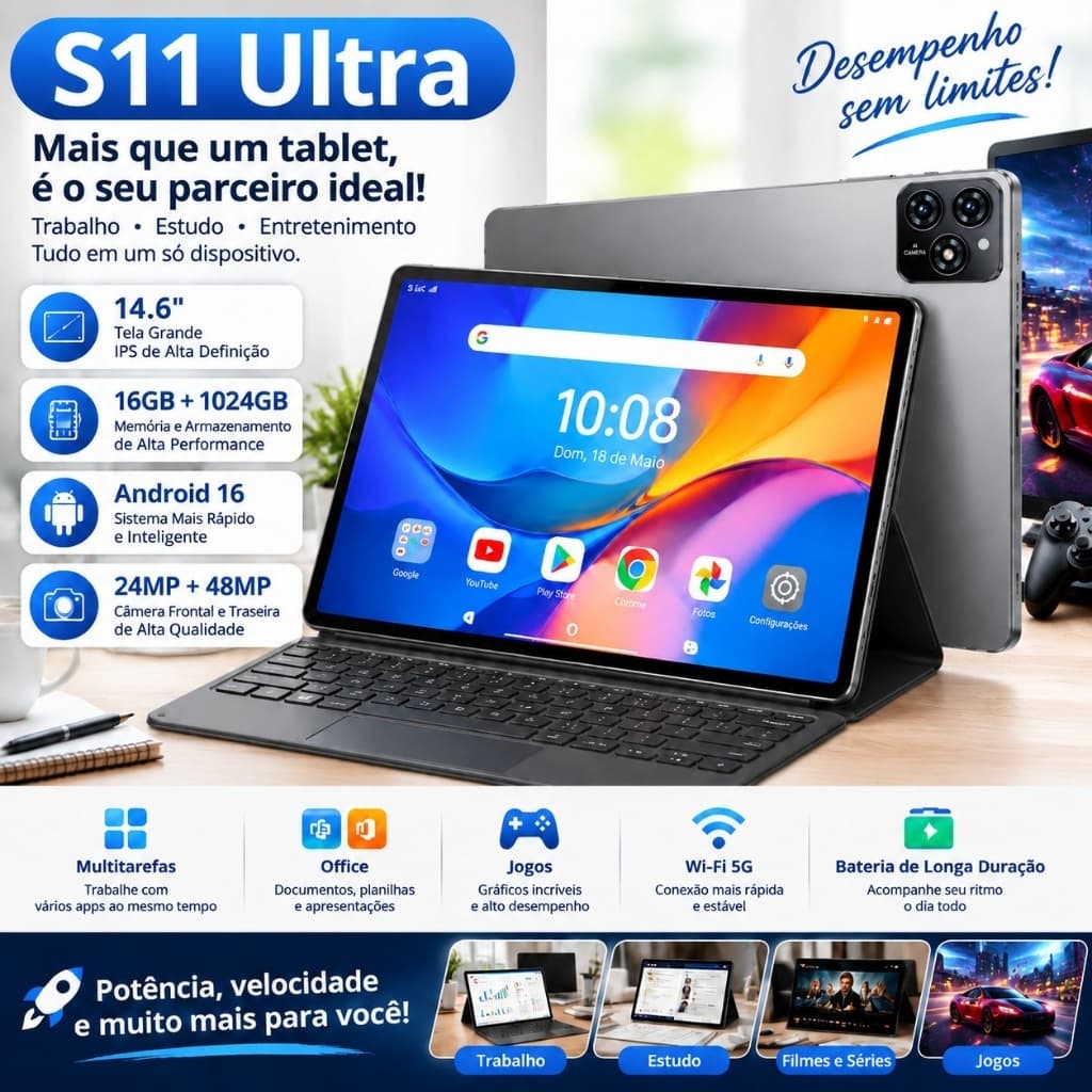 Tablet 2 em 1 S11 Ultra 14.6" 16GB + 1024GB Android 16 Câmera 48MP+24MP Controle Parental Wi-Fi 5G com Teclado e Caneta
