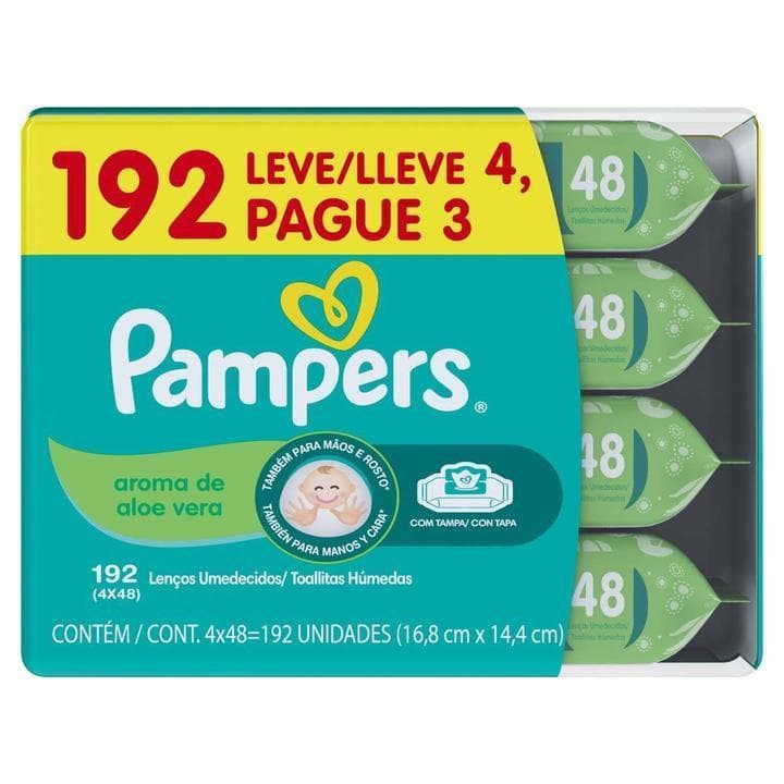 Lenços Umedecidos Pampers Aloe Vera 192 Unidades - Suaves, Sem Álcool, Aroma Refrescante