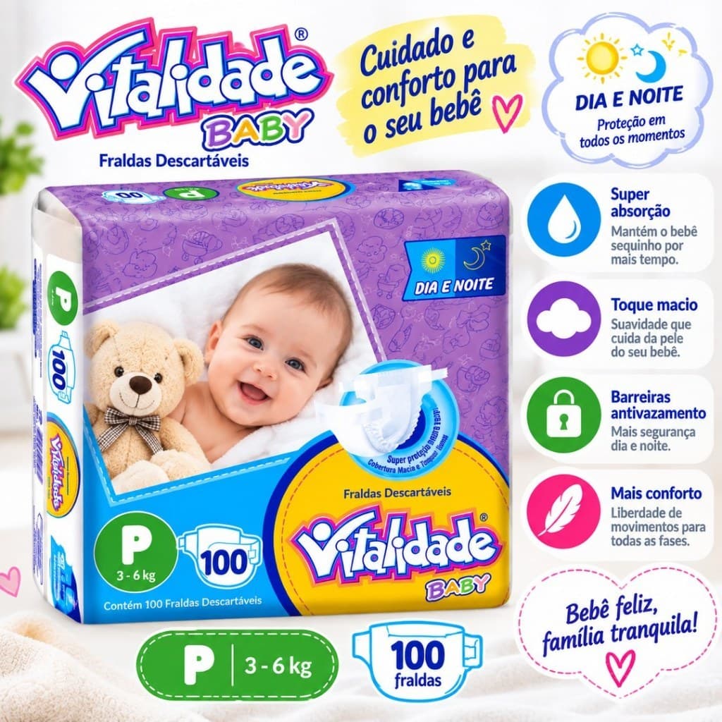 Fralda Vitalidade Baby Mega Pacotão Tamanho P - 100 Unidades