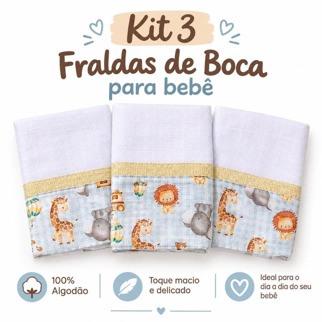 Kit 3 Fraldas de Boca Bebê – 100% Algodão (Enxoval Recém-Nascido)
