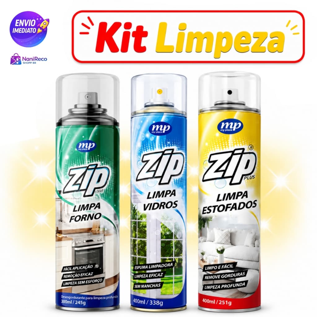 Kit Limpeza ZIP 3 Peças | Limpa Estofados + Vidros + Forno | Limpeza Completa e Prática para Casa e Carro