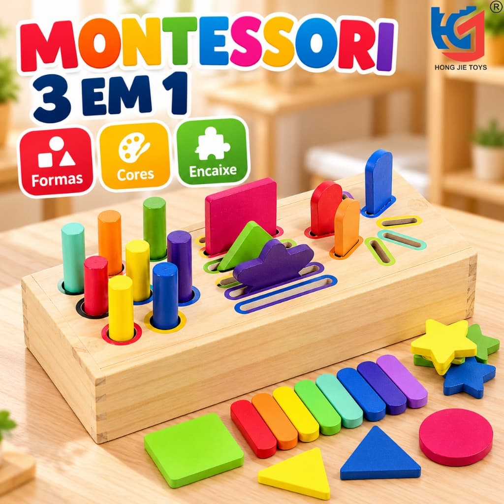 Brinquedo Educativo Montessori de Madeira 3 em 1 Encaixe Formas Cores Classificação Coordenação Motora Infantil