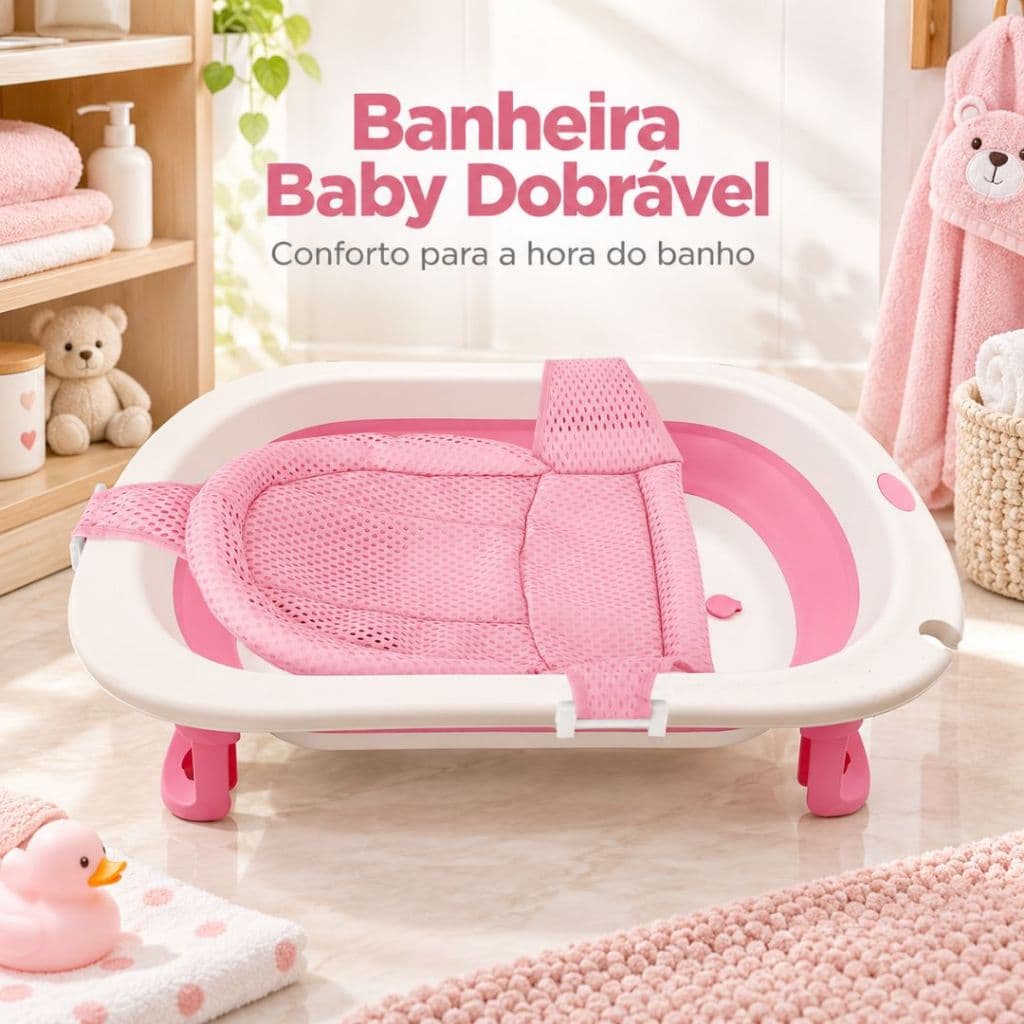 Banheira Bebê Infantil Dobrável Compacta Portátil Com Almofada Banho Seguro Menina Enxoval