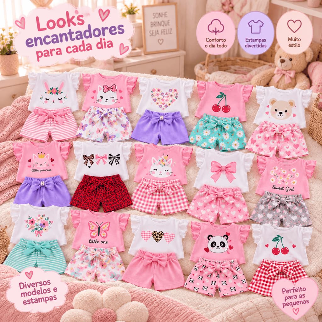 Kit 5 Conjuntos Menina Bebê Infantil Peças de Roupas Verão Infantil Fashion Short Blusa Algodão