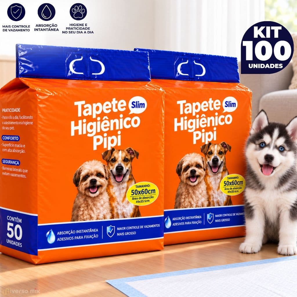 Kit 100 Tapetes Higiênico Pet Fralda Descartável Absorvente para Cachorro Adulto e Filhote - 50x60 cm